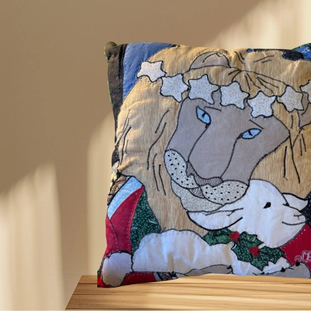 Quilted Lion and Lamb Holiday Pillow -Vintage